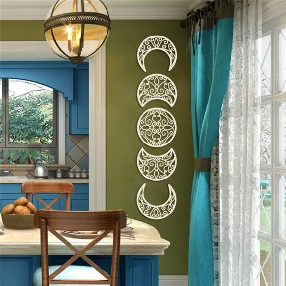 Nordic Wood Moon Phase Wall Art (5 Pieces) - Natural Design, Boho Bedroom - Picture 2 of 8